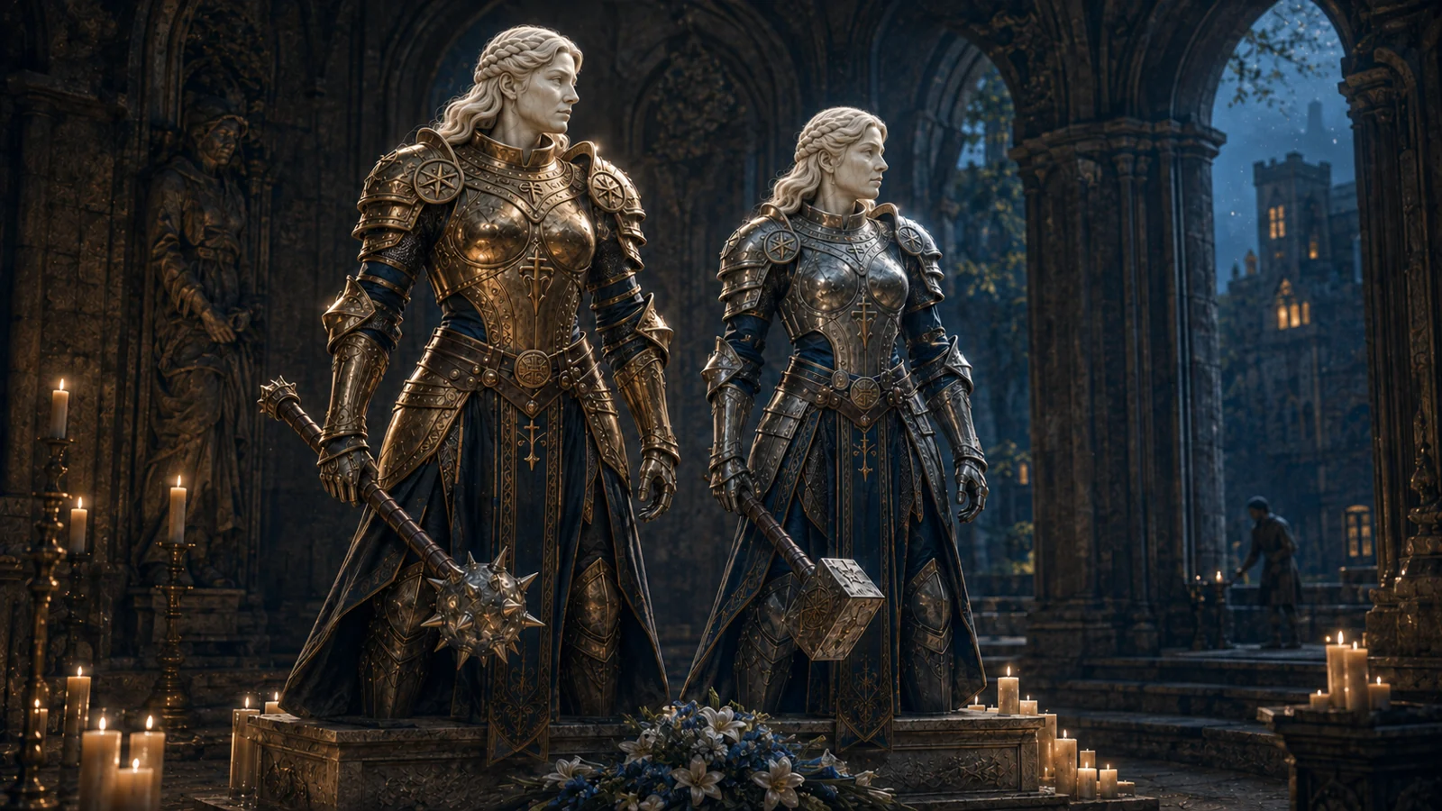 The memorial to Jasper and Ariel Starshine: marble faces, gold and silver plate, morningstar and warhammer.