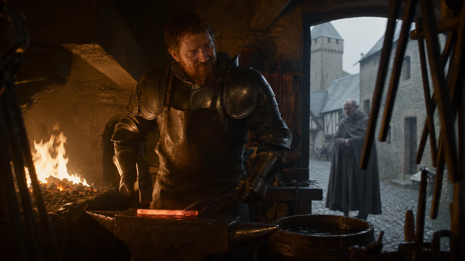 A blacksmith at his forge greets a neighbour in the doorway.