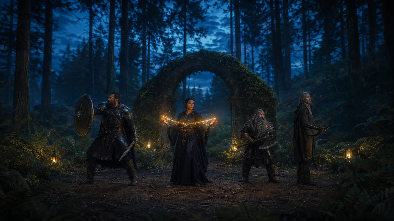 An adventuring company gathers by a lantern-lit stone arch in the forest.